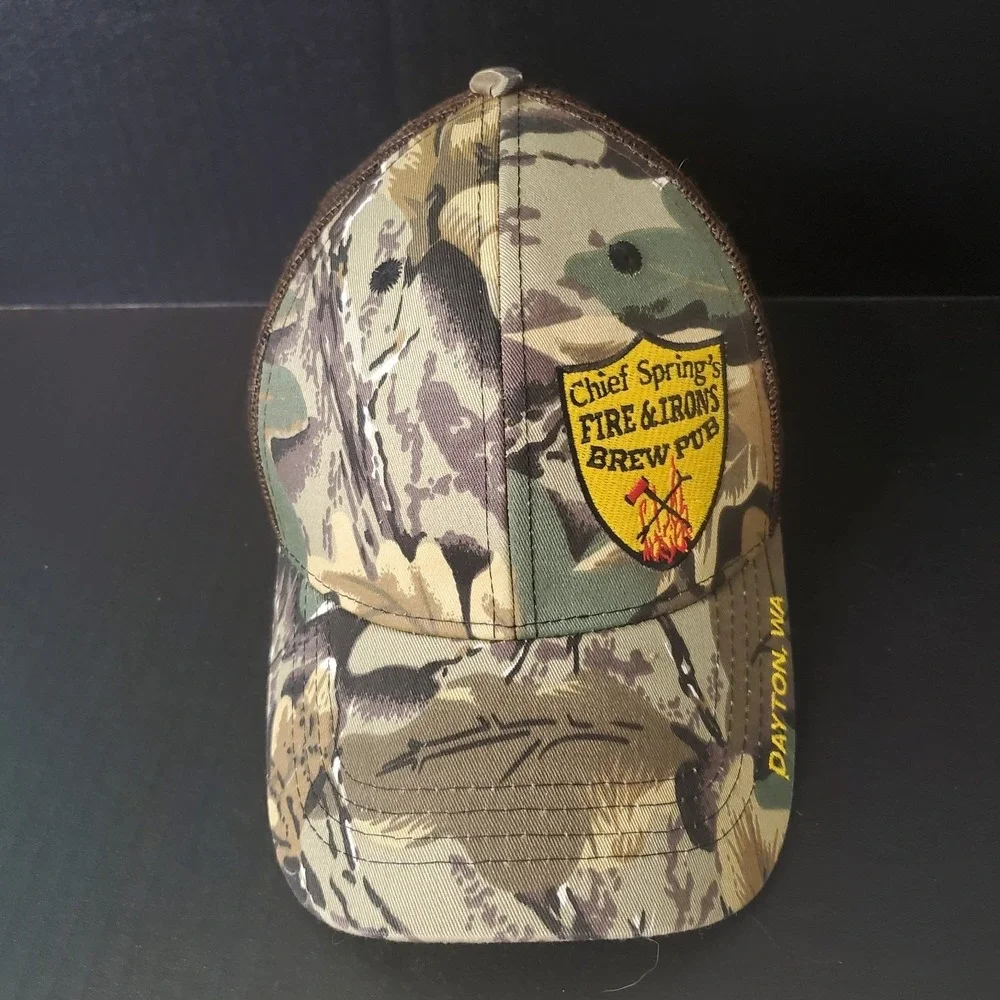 Chief Spring's Fire & Irons Brew Pub Camouflage Brewery Hat Dayton, WA‎ Beer Cap
